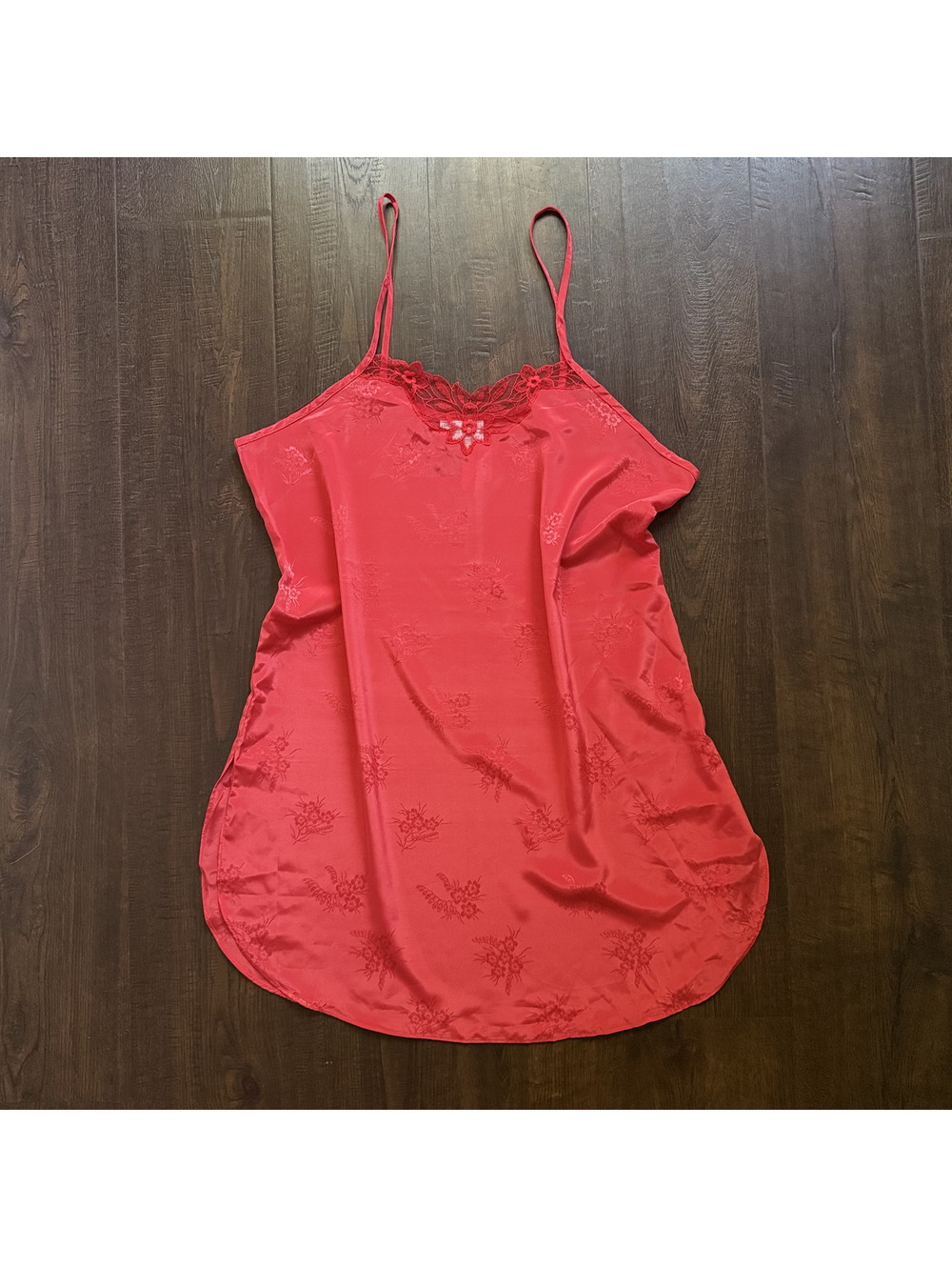 Vintage 80s Jayre California Satin Slip Dress Salmon Red Pink Lace NOS NWT Sz L